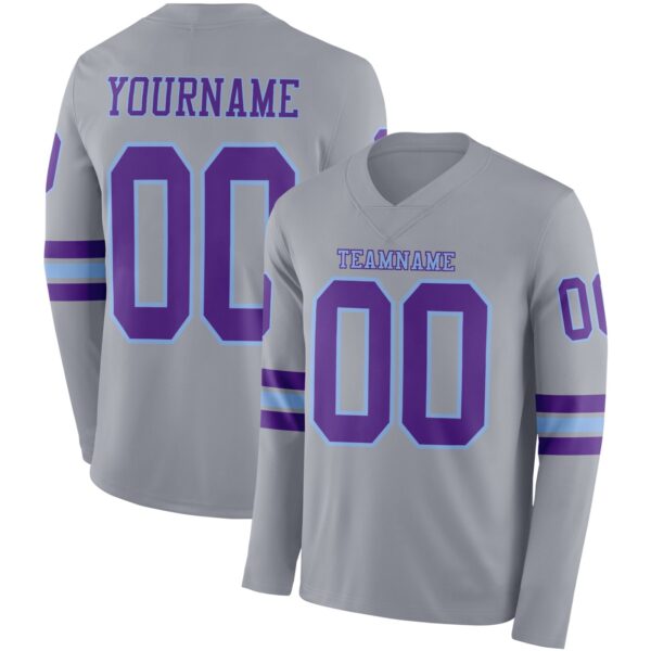 Custom Gray Purple-Light Blue Long Sleeve Authentic Football Jersey