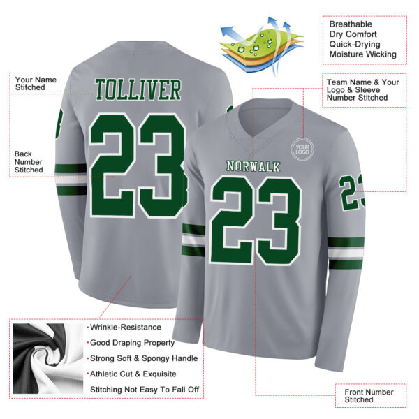 Custom Gray Green-White Long Sleeve Authentic Football Jersey