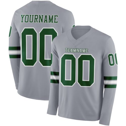 LongSleeve1152 Custom Gray Green-White Long Sleeve Authentic Football Jersey