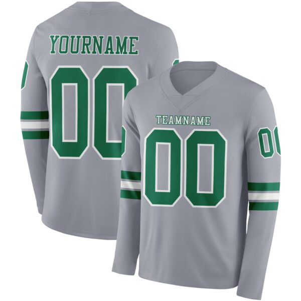 Custom Gray Kelly Green-White Long Sleeve Authentic Football Jersey