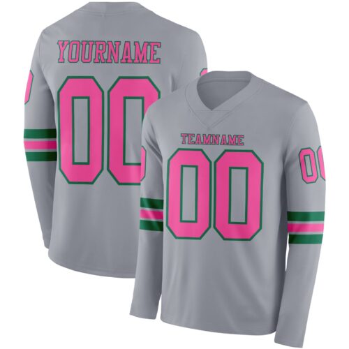LongSleeve1154 Custom Gray Pink-Kelly Green Long Sleeve Authentic Football Jersey