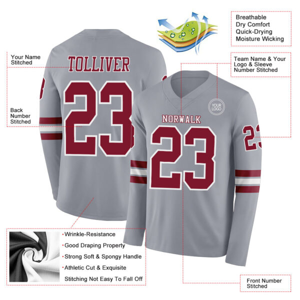 Custom Gray Crimson-White Long Sleeve Authentic Football Jersey