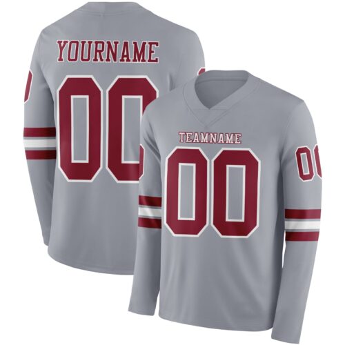 LongSleeve1155 Custom Gray Crimson-White Long Sleeve Authentic Football Jersey