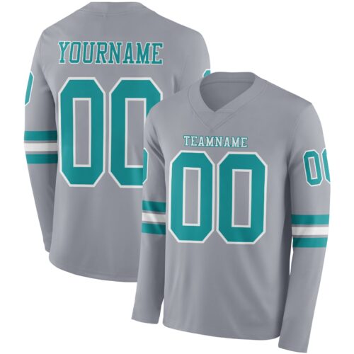 LongSleeve1156 Custom Gray Teal-White Long Sleeve Authentic Football Jersey
