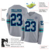 Custom Gray Navy-Teal Long Sleeve Authentic Football Jersey