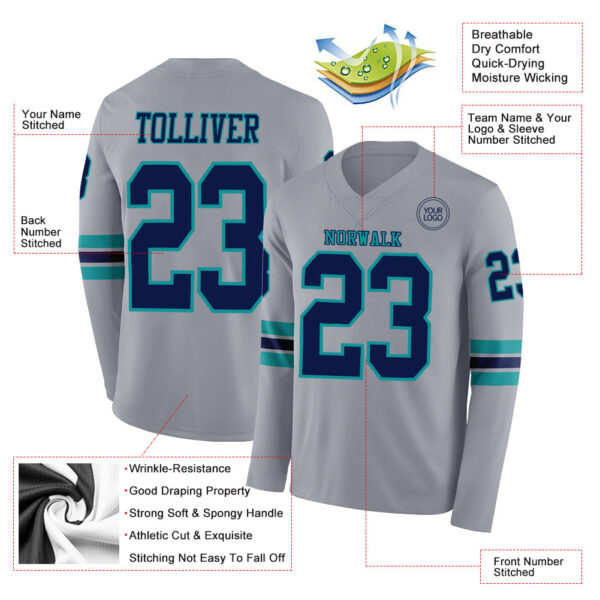 Custom Gray Navy-Teal Long Sleeve Authentic Football Jersey
