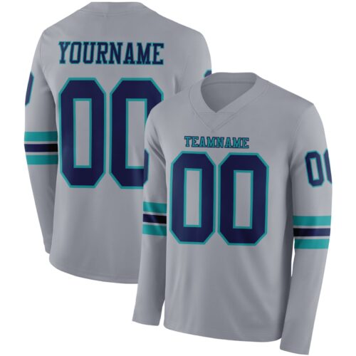 LongSleeve1157 Custom Gray Navy-Teal Long Sleeve Authentic Football Jersey