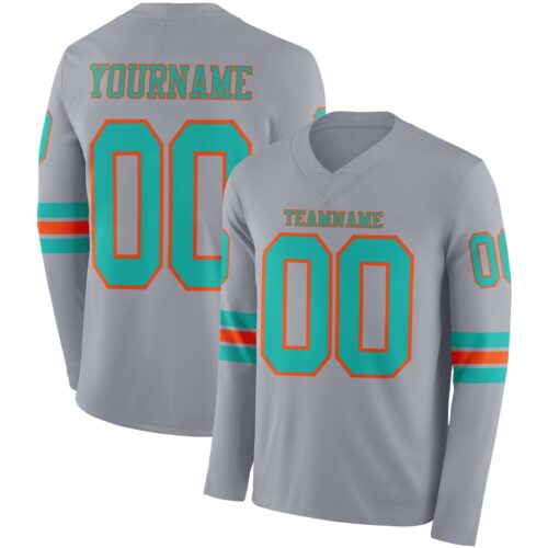 LongSleeve1158 Custom Gray Aqua-Orange Long Sleeve Authentic Football Jersey