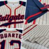 Custom Cream Navy Pinstripe Navy-Red Authentic Raglan Sleeves Baseball Jersey