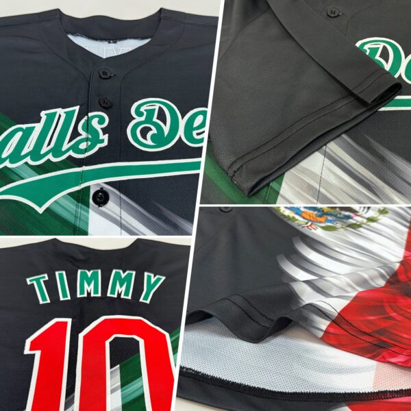 Custom Black Red-Kelly Green 3D The Abstract Wing With Mexican Flag Authentic Baseball Jersey
