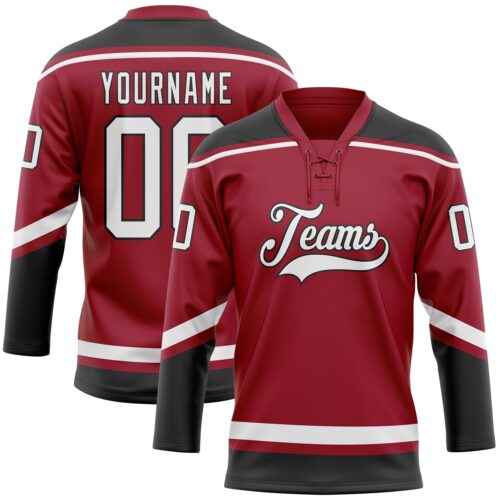 Maroon0105 Custom Maroon White-Black Hockey Lace Neck Jersey
