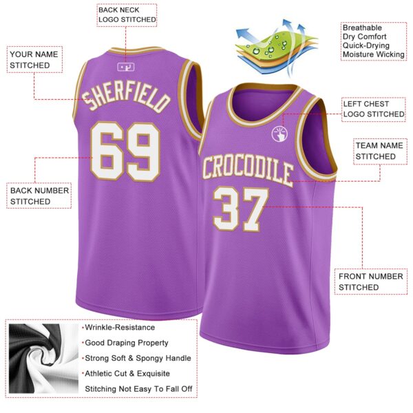 Custom Medium Purple White-Old Gold Authentic Basketball Jersey