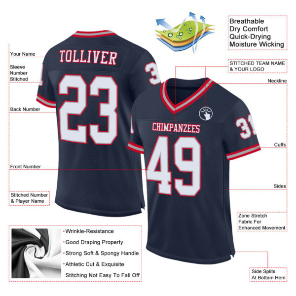 Custom Navy White Red-Gray Mesh Authentic Throwback Football Jersey
