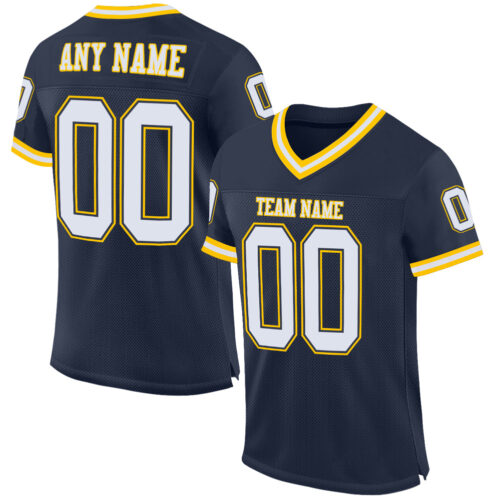 Navy0238 Custom Navy White-Gold Mesh Authentic Throwback Football Jersey