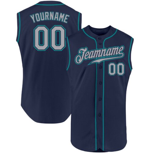 Navy0371 Custom Navy Gray-Teal Authentic Sleeveless Baseball Jersey