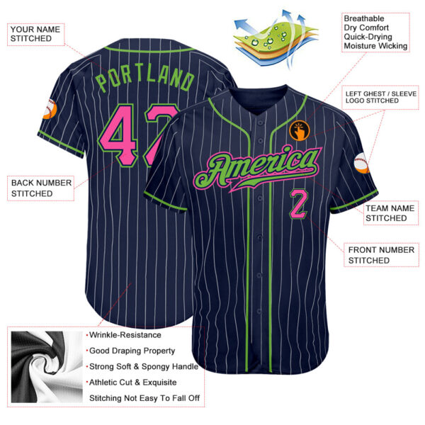 Custom Navy White Pinstripe Pink-Neon Green Authentic Baseball Jersey