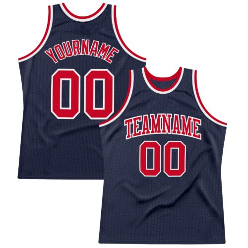Navy0406 Custom Navy Red-White Authentic Throwback Basketball Jersey