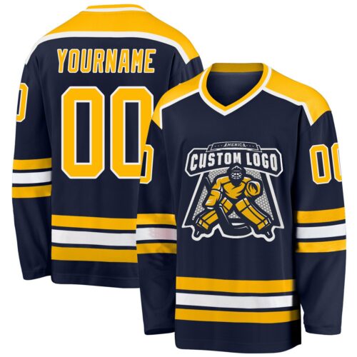 Navy0450 Custom Navy Gold-White Hockey Jersey