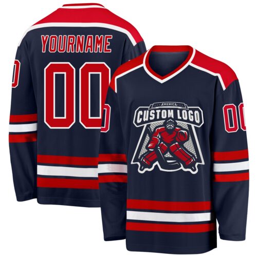 Navy0451 Custom Navy Red-White Hockey Jersey