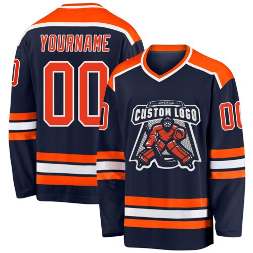 Navy0454 Custom Navy Orange-White Hockey Jersey