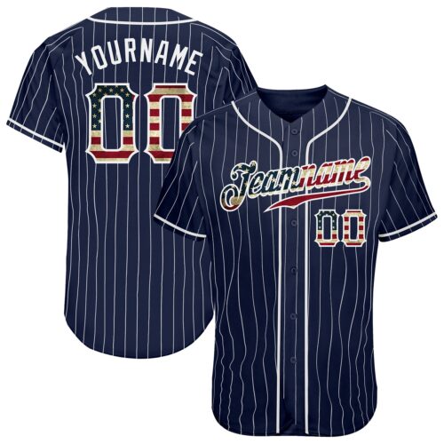 Navy0461 Custom Navy White Pinstripe Vintage USA Flag-White Authentic Baseball Jersey