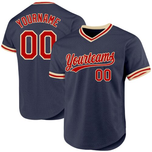 Navy0714 Custom Navy Red-Cream Authentic Throwback Baseball Jersey