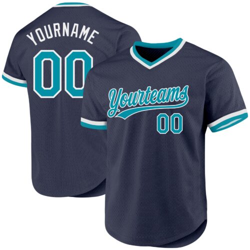 Navy0718 Custom Navy Teal-White Authentic Throwback Baseball Jersey