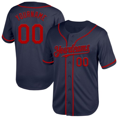 Navy0763 Custom Navy Red Mesh Authentic Throwback Baseball Jersey