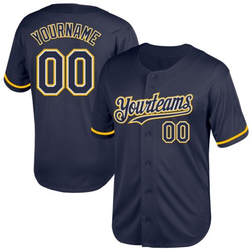 Navy0770 Custom Navy White-Gold Mesh Authentic Throwback Baseball Jersey