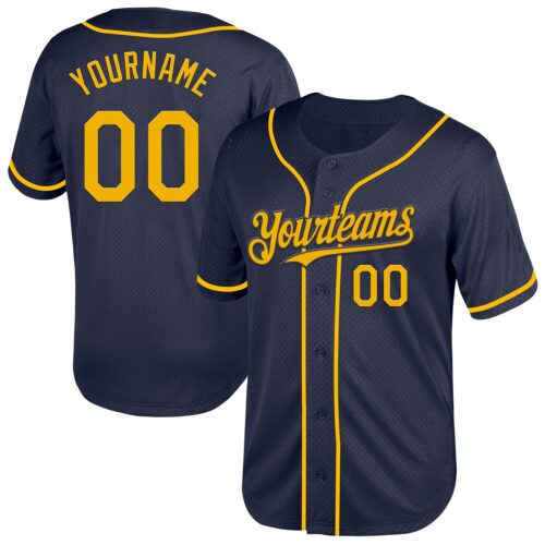 Navy0771 Custom Navy Gold Mesh Authentic Throwback Baseball Jersey