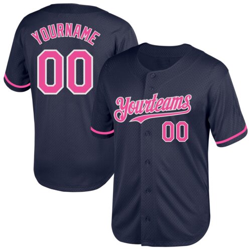 Navy0775 Custom Navy Pink-White Mesh Authentic Throwback Baseball Jersey