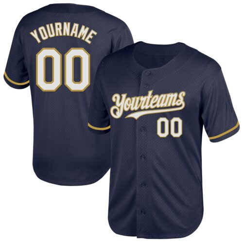 Navy0778 Custom Navy White-Old Gold Mesh Authentic Throwback Baseball Jersey