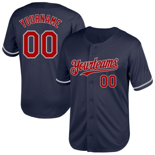 Navy0782 Custom Navy Red-Gray Mesh Authentic Throwback Baseball Jersey
