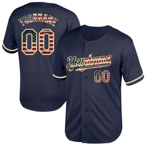 Navy0787 Custom Navy Vintage USA Flag-Cream Mesh Authentic Throwback Baseball Jersey