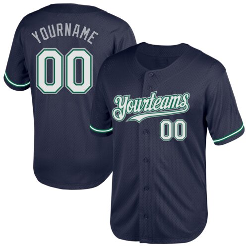 Navy0805 Custom Navy Kelly Green-Gray Mesh Authentic Throwback Baseball Jersey