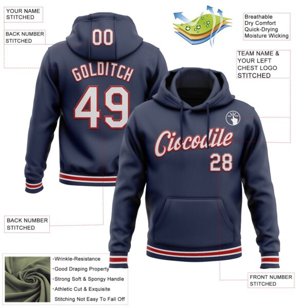 Custom Stitched Navy White-Red Sports Pullover Sweatshirt Hoodie