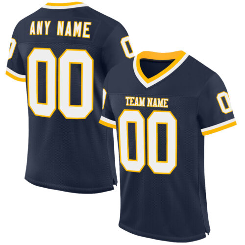 Navy0894 Custom Navy White-Gold Mesh Authentic Throwback Football Jersey