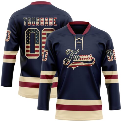 Navy0929 Custom Navy Vintage USA Flag Cream-Crimson Hockey Lace Neck Jersey