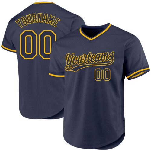 Navy0951 Custom Navy Gold Authentic Throwback Baseball Jersey