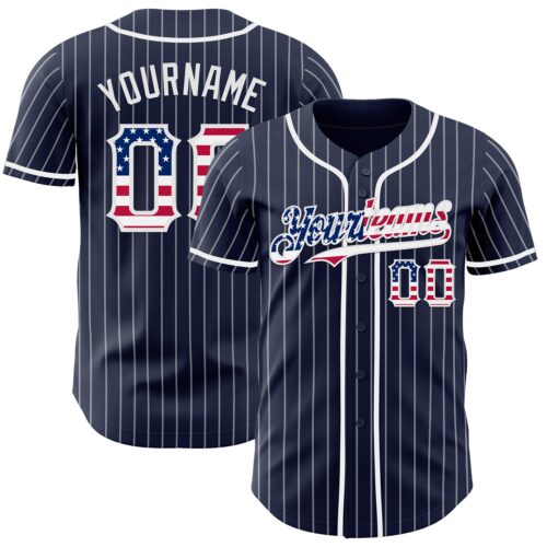 Custom Navy White Pinstripe USA Flag Authentic Baseball Jersey