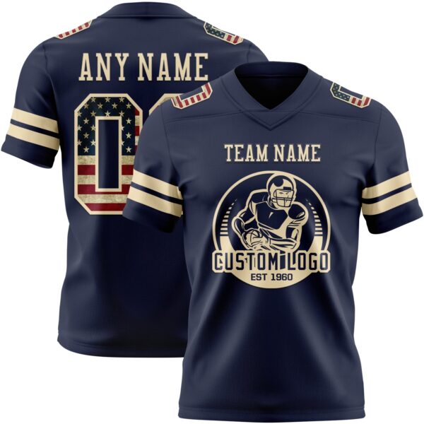 Custom Navy Vintage USA Flag-Cream Authentic Football Jersey