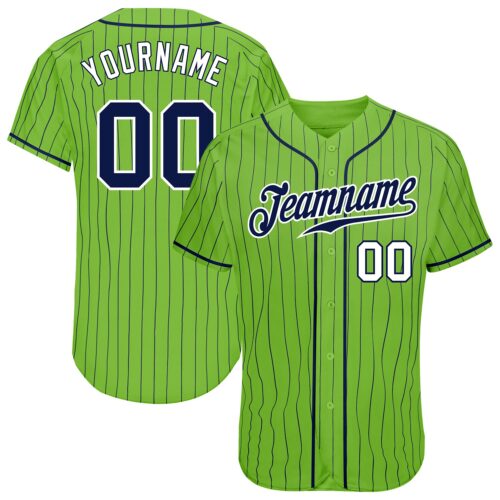 NeonGreen0065 Custom Neon Green Navy Pinstripe Navy-White Authentic Baseball Jersey