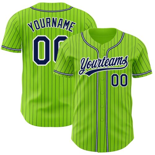 NeonGreen0113 Custom Neon Green Navy Pinstripe Navy-White Authentic Baseball Jersey