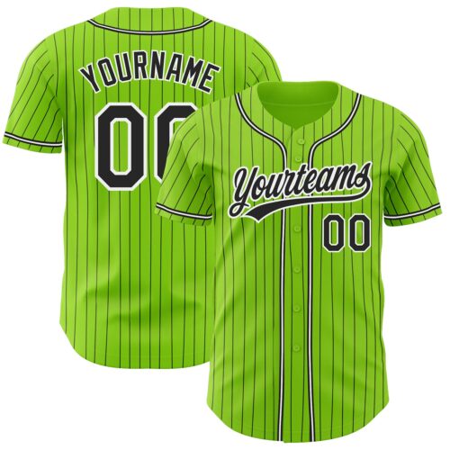 NeonGreen0114 Custom Neon Green Black Pinstripe Black-White Authentic Baseball Jersey
