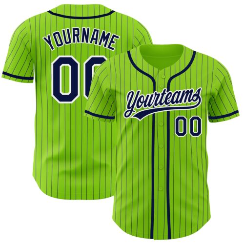 NeonGreen0133 Custom Neon Green Navy Pinstripe White Authentic Baseball Jersey