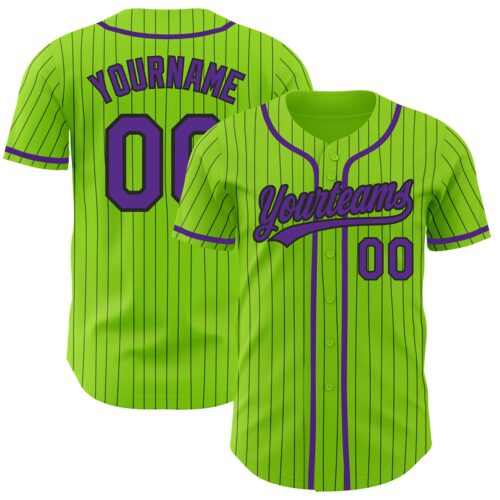 NeonGreen0135 Custom Neon Green Black Pinstripe Purple Authentic Baseball Jersey