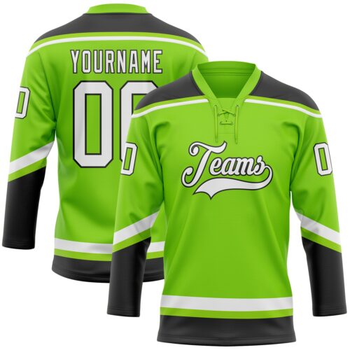 NeonGreen0160 Custom Neon Green White-Black Hockey Lace Neck Jersey