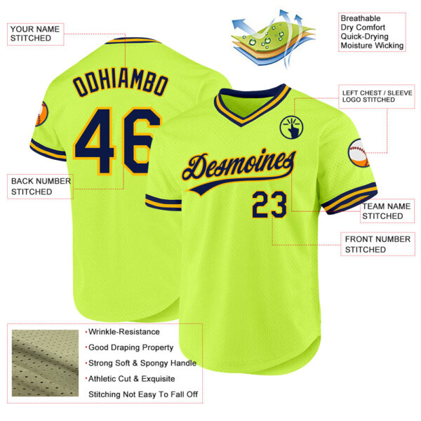 Custom Neon Green Navy-Gold Authentic Throwback Baseball Jersey