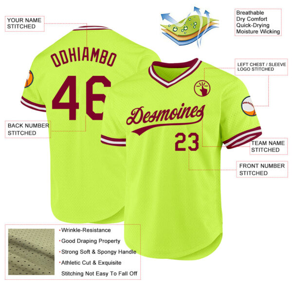 Custom Neon Green Maroon-White Authentic Throwback Baseball Jersey