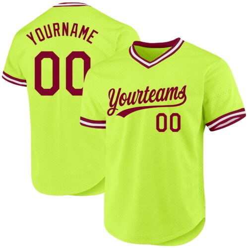 NeonGreen0197 Custom Neon Green Maroon-White Authentic Throwback Baseball Jersey